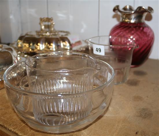 Silver topped cranberry vase, bowl & 2 pincers